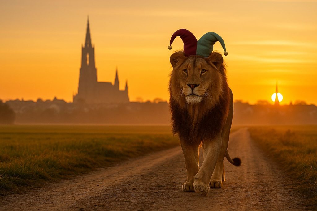 Löwe vor der Silhoutte des Ulmer Münsters